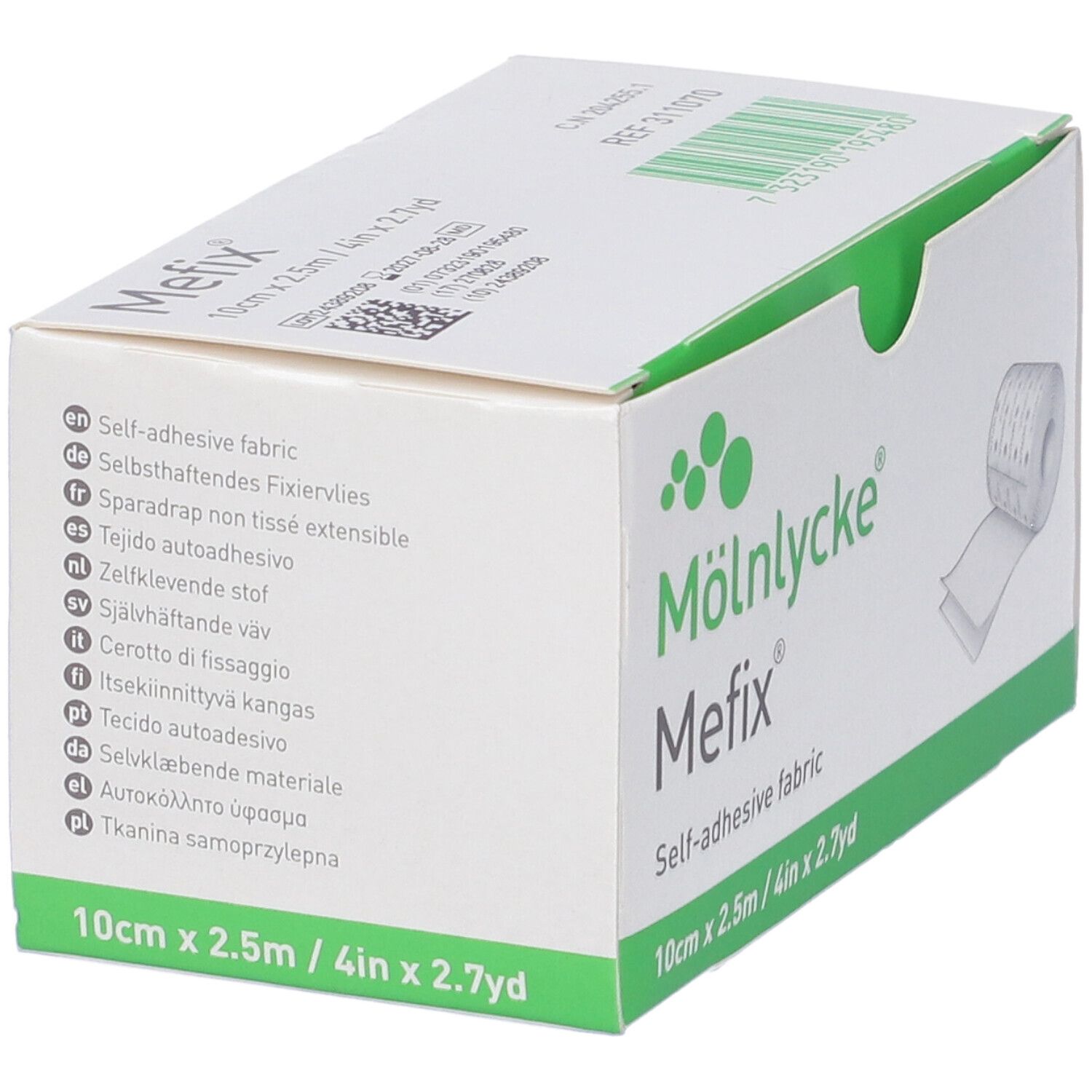 Confezione bianca e verde. Scritta Mefix, tessuto autoadesivo. Testi multilingue. Dimensioni: 10cm x 2,5m.