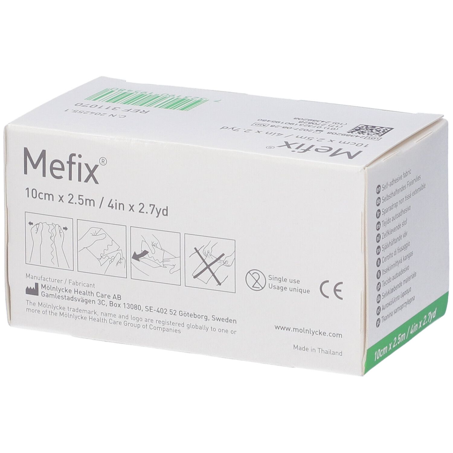 Confezione bianca e verde. Scritta Mefix, tessuto autoadesivo. Pittogrammi. Dimensioni: 10cm x 2,5m.