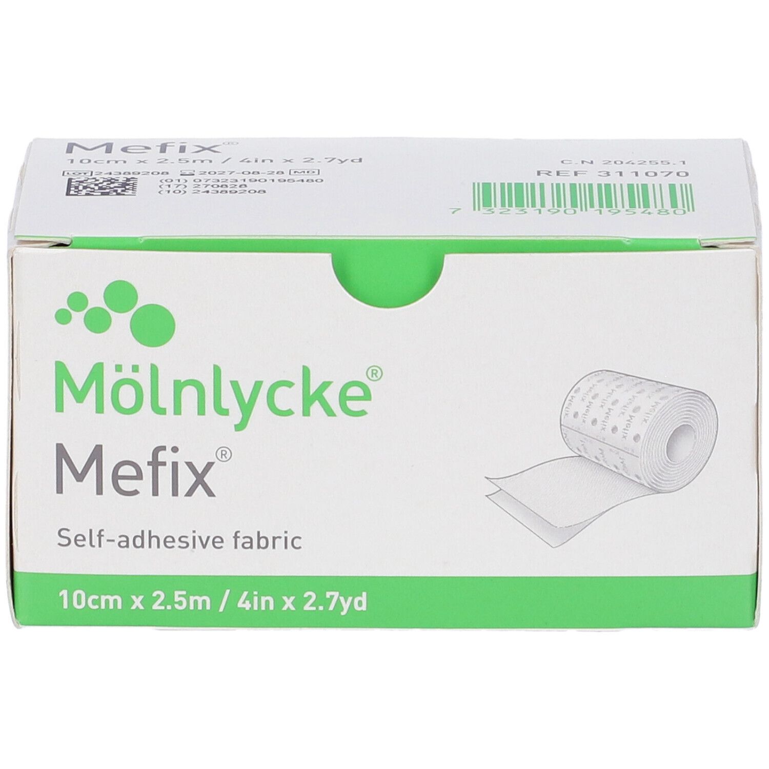 Confezione bianca e verde. Scritta Mefix, tessuto autoadesivo. Rotolo illustrato. Dimensioni: 10cm x 2,5m.