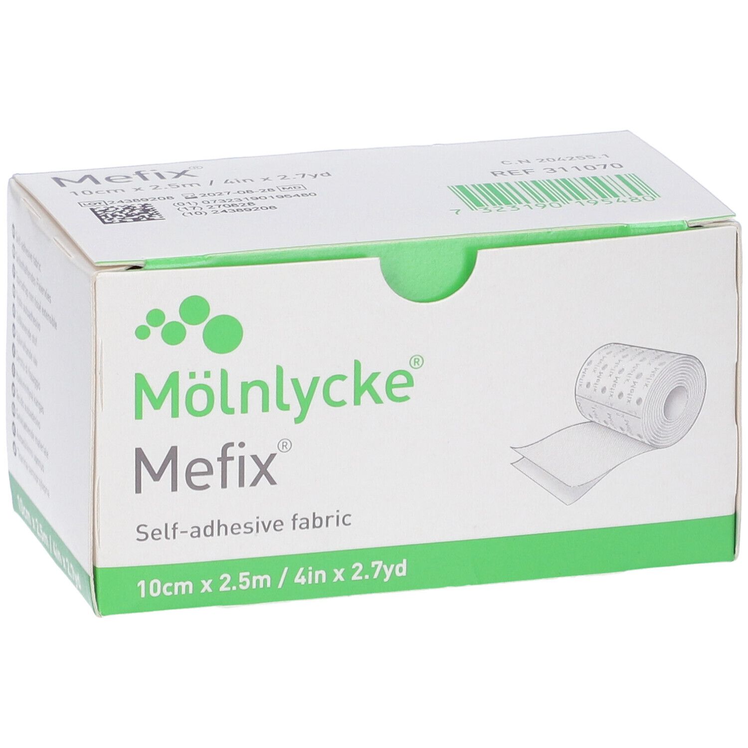 Confezione bianca e verde. Scritta Mefix, tessuto autoadesivo. Rotolo illustrato. Dimensioni: 10cm x 2,5m.