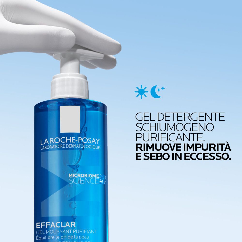 Gel detergente La Roche-Posay Effaclar con pompa, con testo sulla rimozione delle impurità.