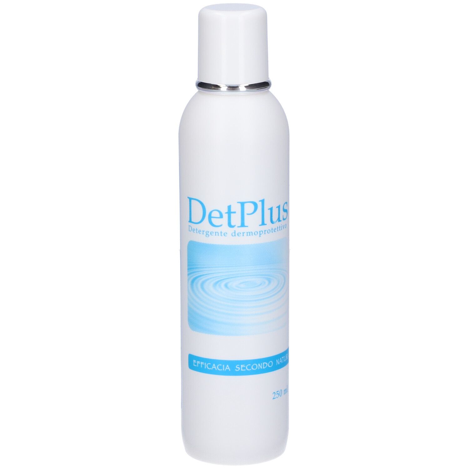 Flacone bianco con etichetta blu. Scritta: DetPlus, detergente dermoprotettivo. Tappo argentato.