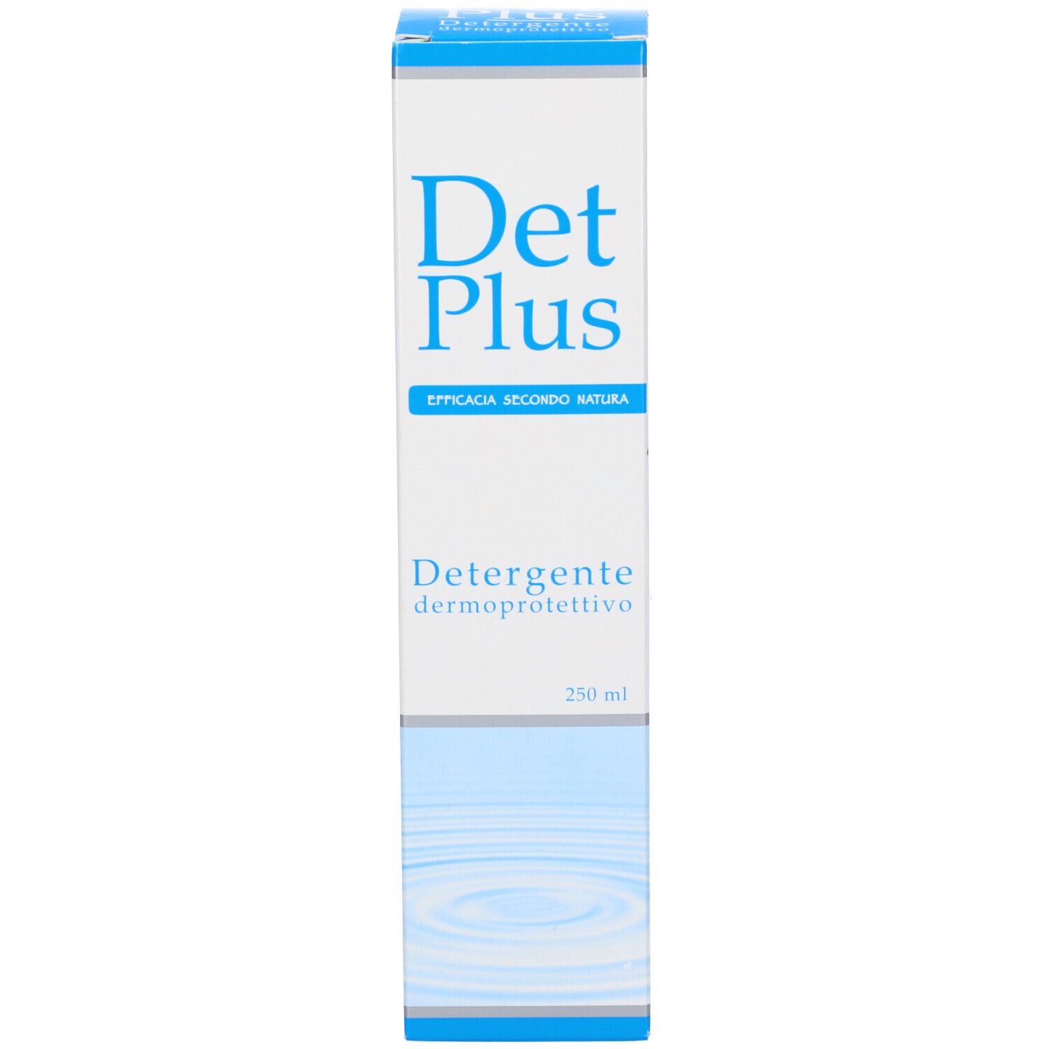 Scatola bianca con design blu. Scritta: DetPlus, detergente dermoprotettivo. 250 ml.