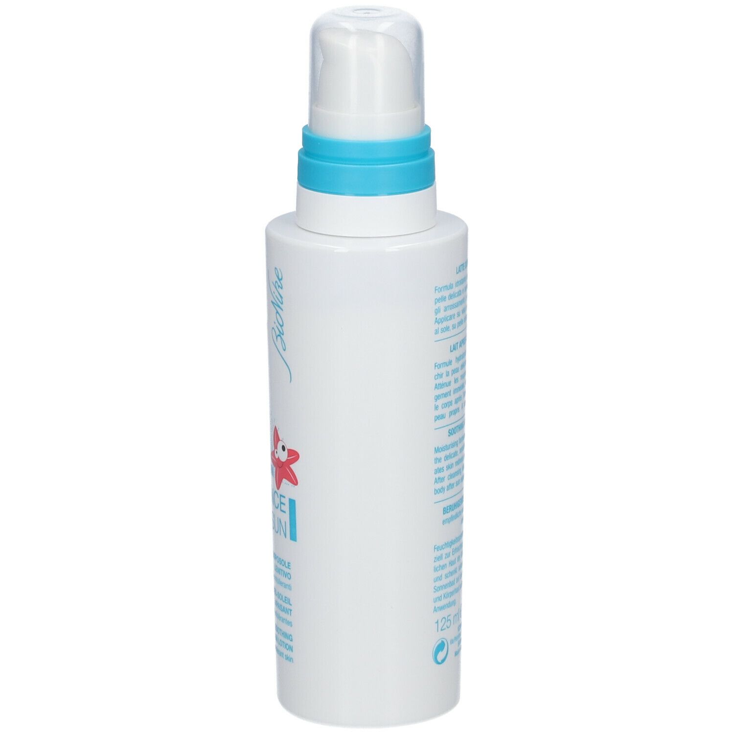 Flacone bianco con erogatore blu. Scritta: After Sun Defence Baby & Kid. Volume: 125 ml.
