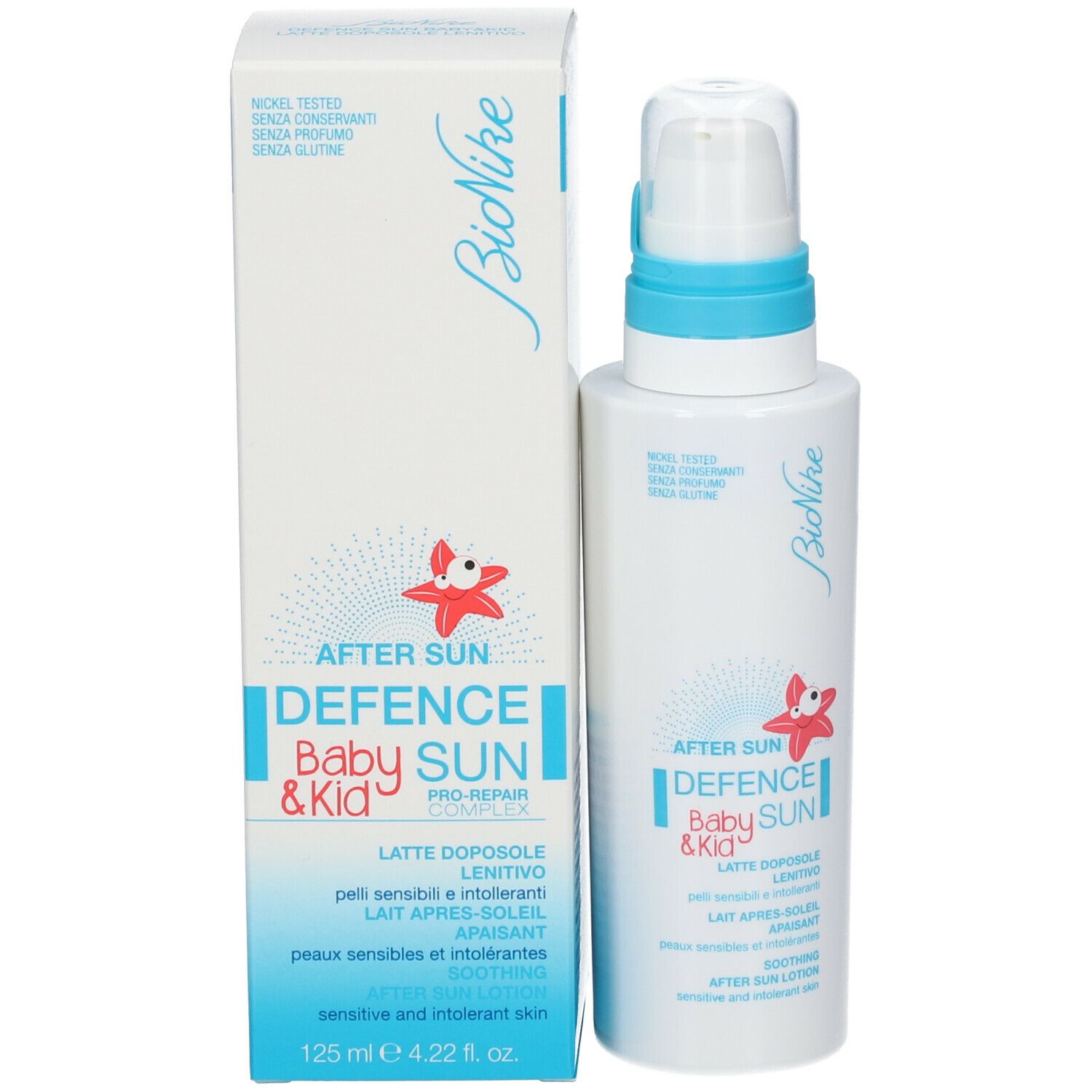 Flacone bianco e scatola. Scritta: After Sun Defence Baby & Kid. Marchio Bionike. Volume: 125 ml.