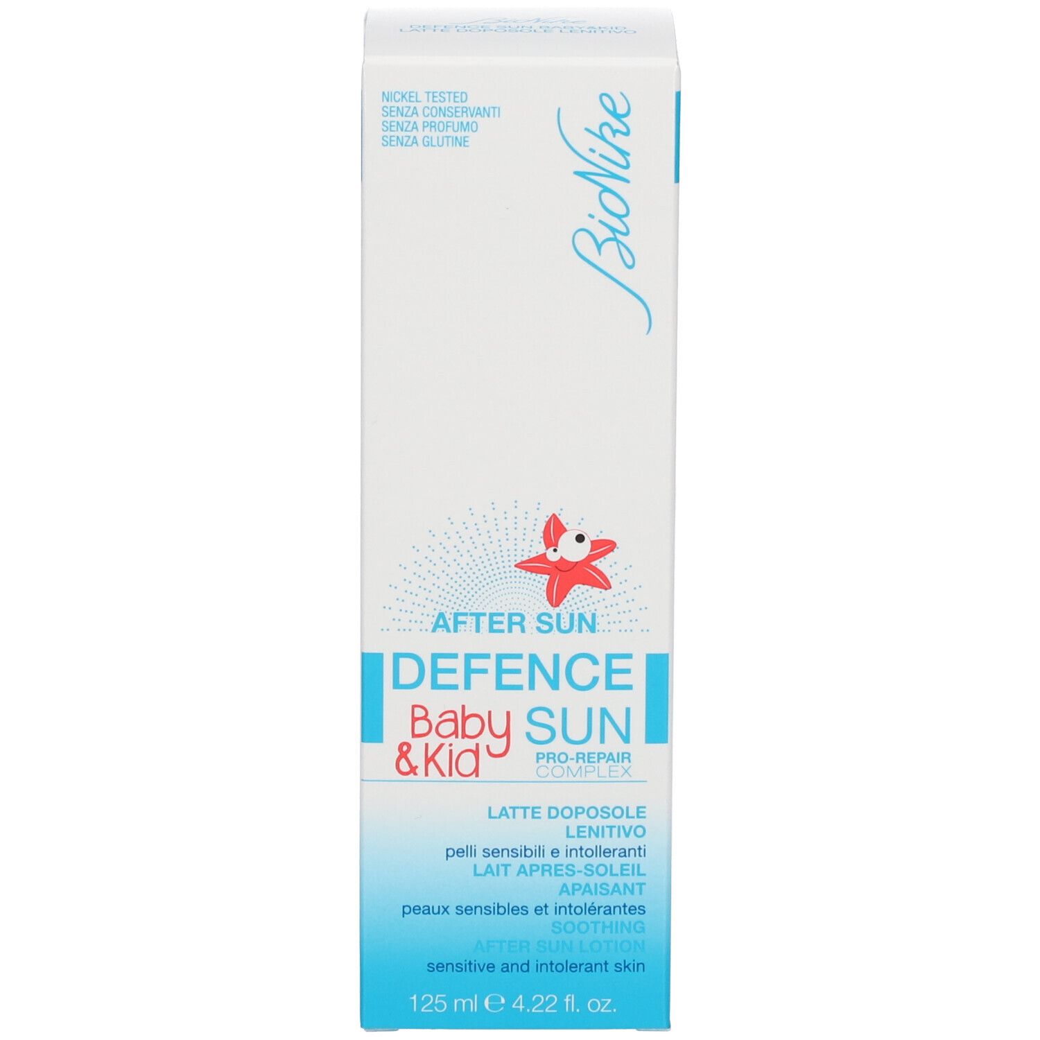 Scatola con scritta: After Sun Defence Baby & Kid. Marchio Bionike. Volume: 125 ml.