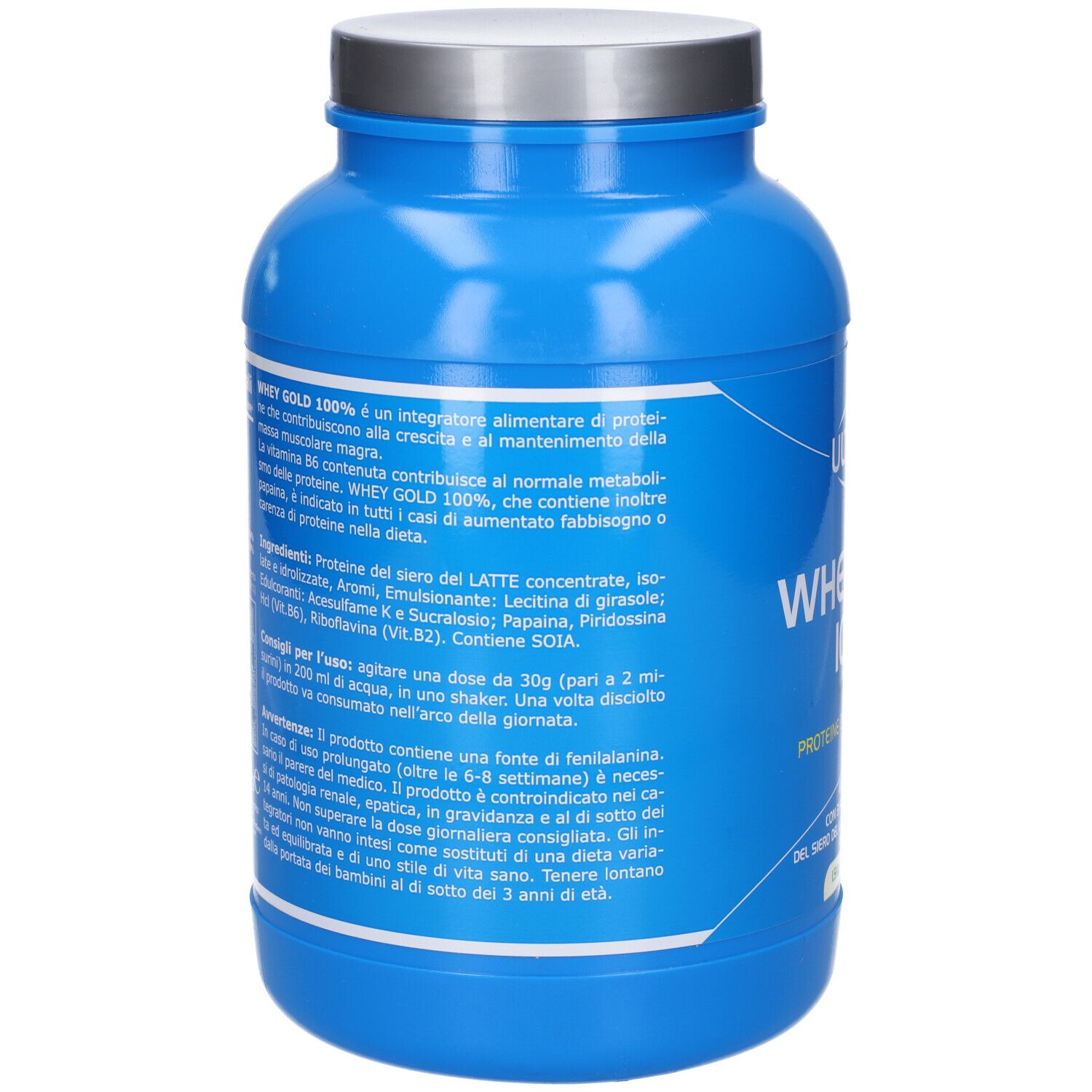 Barattolo blu con coperchio argentato. Retro con testo. Contiene proteine, enzimi e vitamine. 1,5 kg gusto vaniglia.