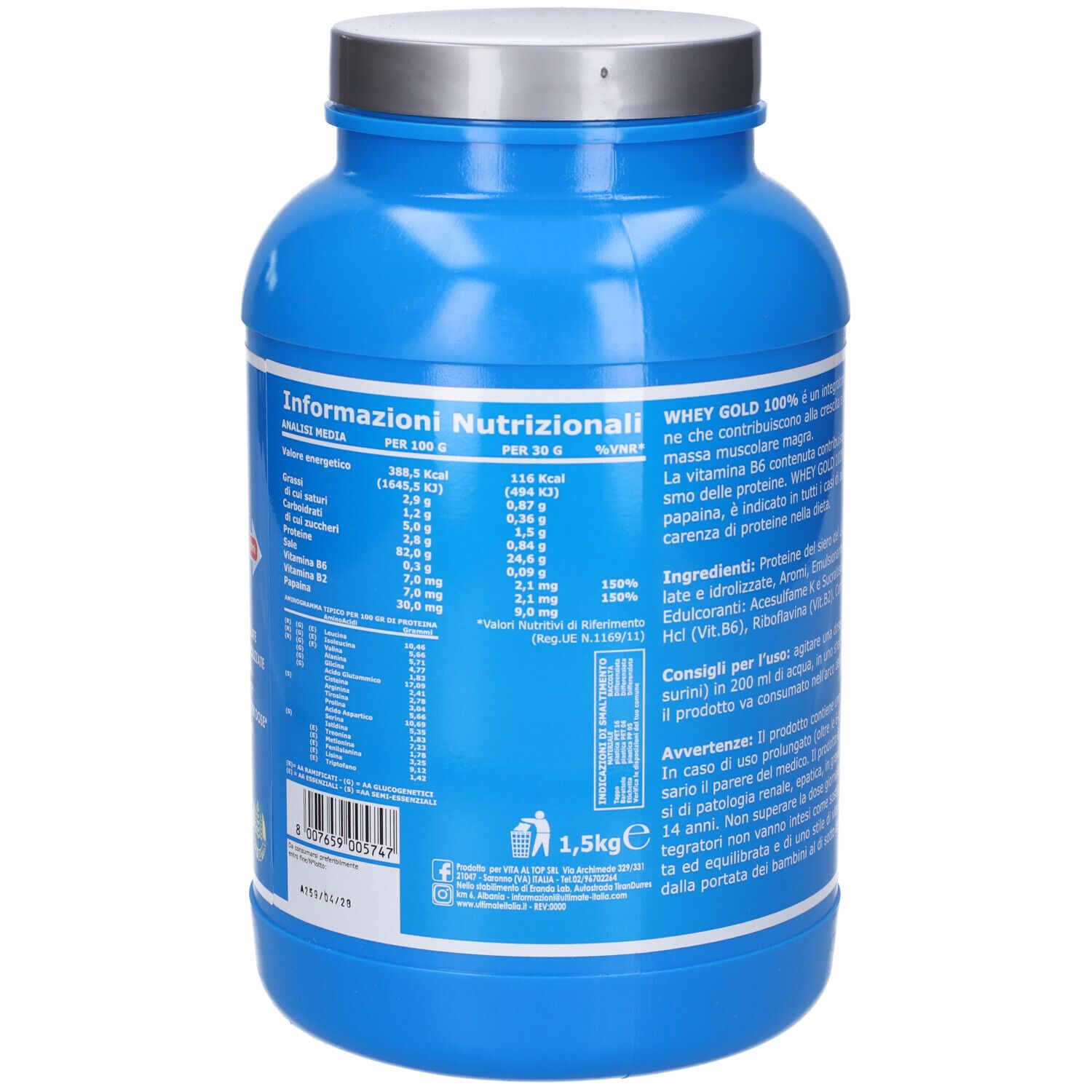 Barattolo blu con coperchio argentato. Retro con informazioni nutrizionali. 1,5 kg. Contiene proteine, enzimi e vitamine.