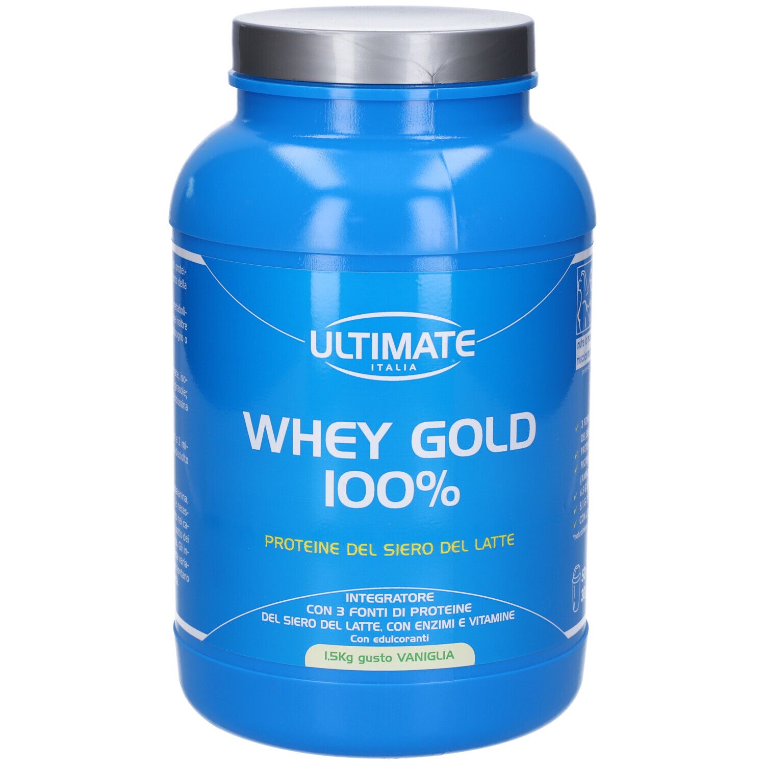 Barattolo blu con coperchio argentato. Scritta: Ultimate Whey Gold 100%. Proteine del siero del latte. Gusto vaniglia.