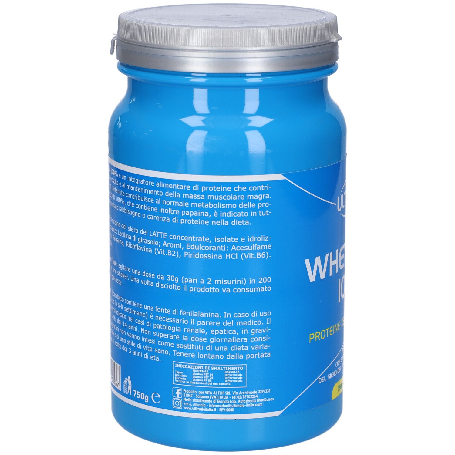 Retro del barattolo blu. Informazioni testuali su ingredienti e valori nutrizionali. Contiene informazioni in italiano.