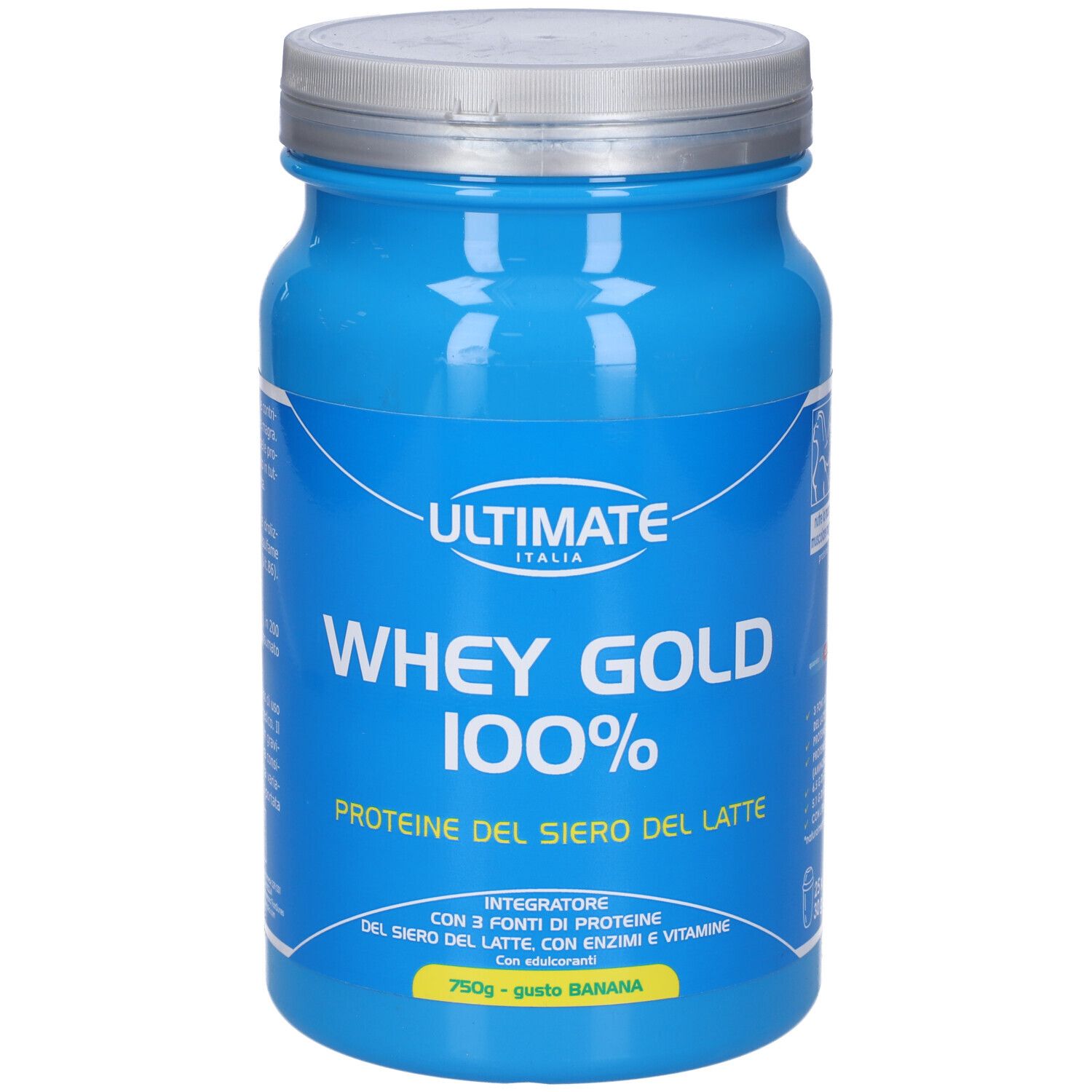 Barattolo blu con coperchio argentato. Scritta: Ultimate Italia, Whey Gold 100%, Proteine del siero del latte. Contiene 25 porzioni.