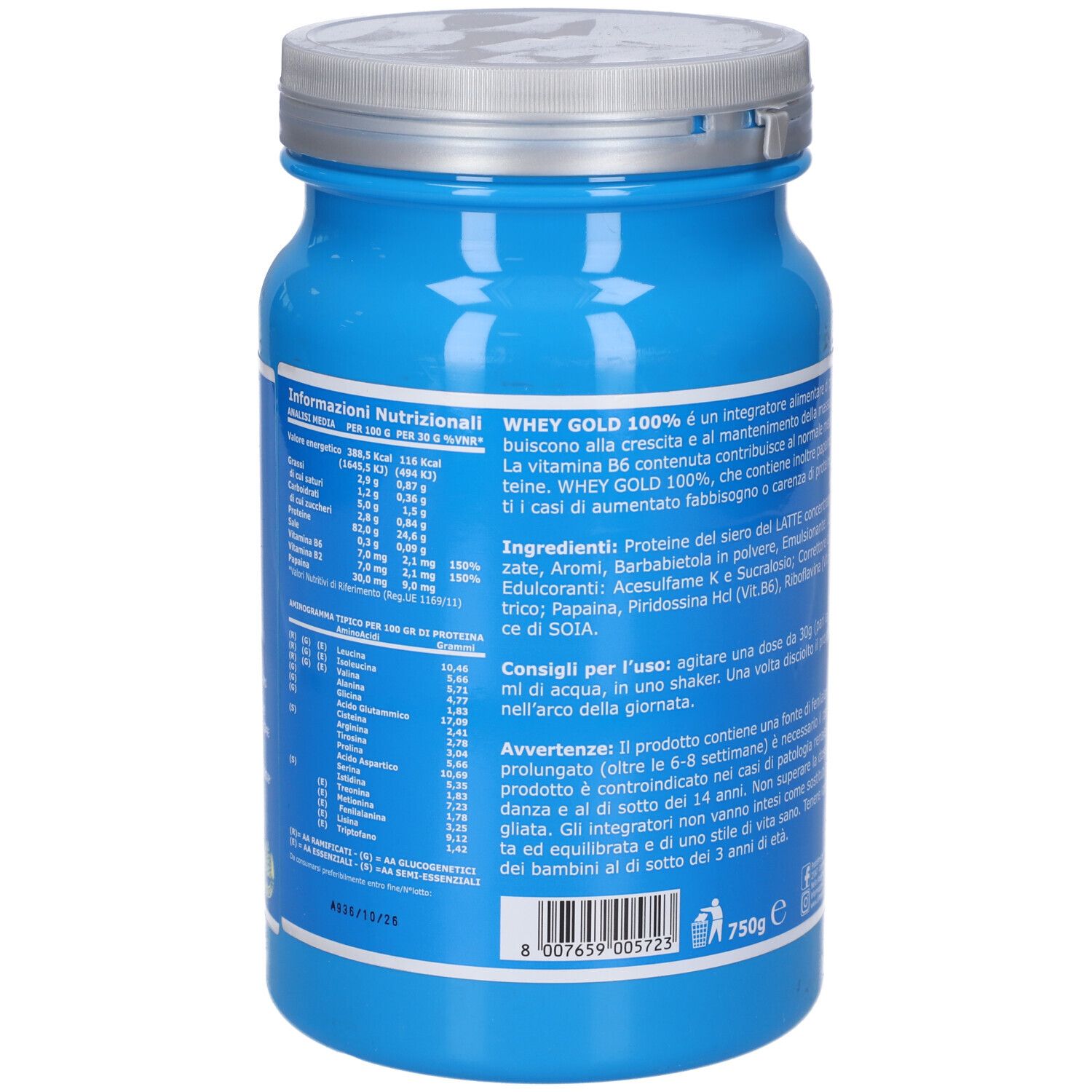Retro del barattolo blu "Ultimate Whey Gold 100% Fragola". Testo bianco. 750g. Contiene informazioni nutrizionali.