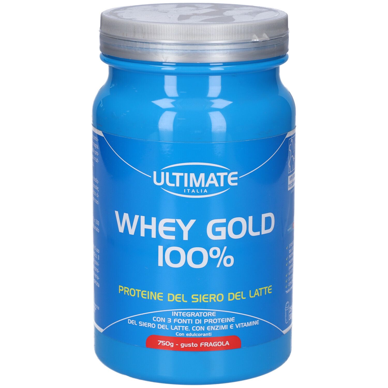 Barattolo blu "Ultimate Whey Gold 100% Fragola". Coperchio argentato. Testo bianco e rosso. 25x30g.