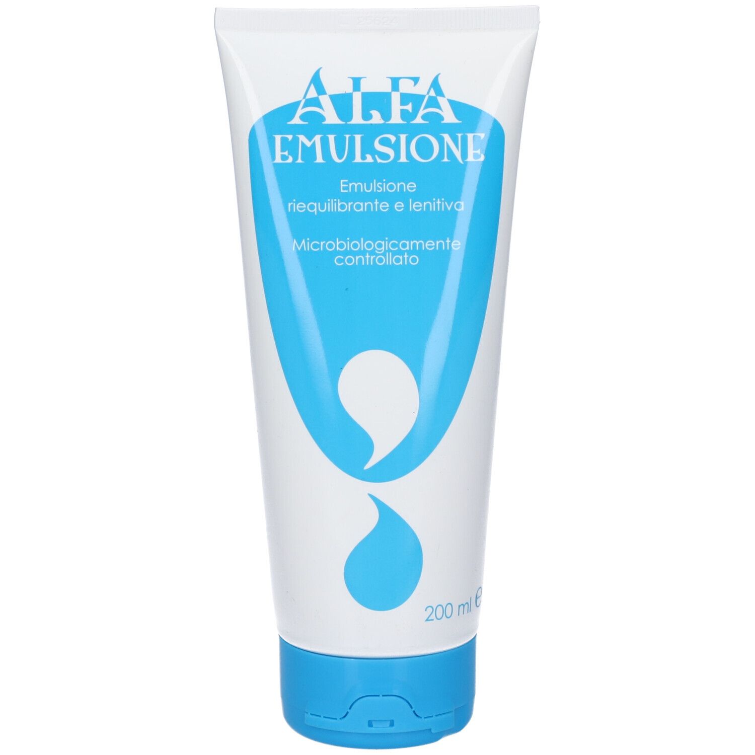 Tubo bianco e blu Alfa Emulsione. Scritta: Alfa Emulsione, Emulsione riequilibrante e lenitiva. Controllo microbiologico.