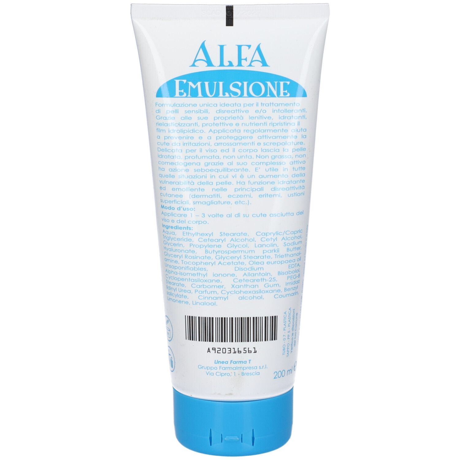 Retro del tubo Alfa Emulsione. Testo in italiano. Codice a barre e indicazione del volume: 200 ml.