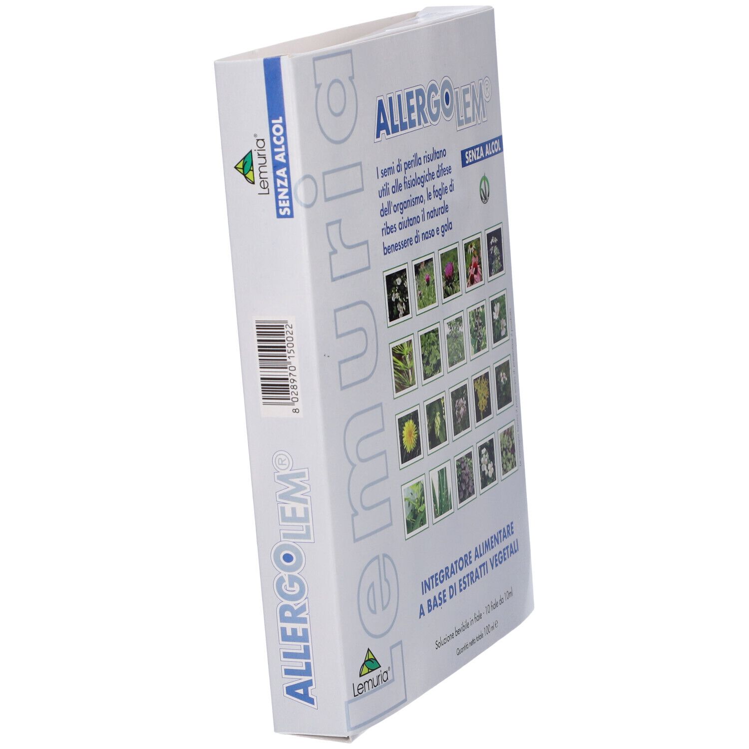 Confezione del prodotto Allergolem. Il nome è in alto, con una griglia di immagini di piante. 'SENZA ALCOL' è visibile.