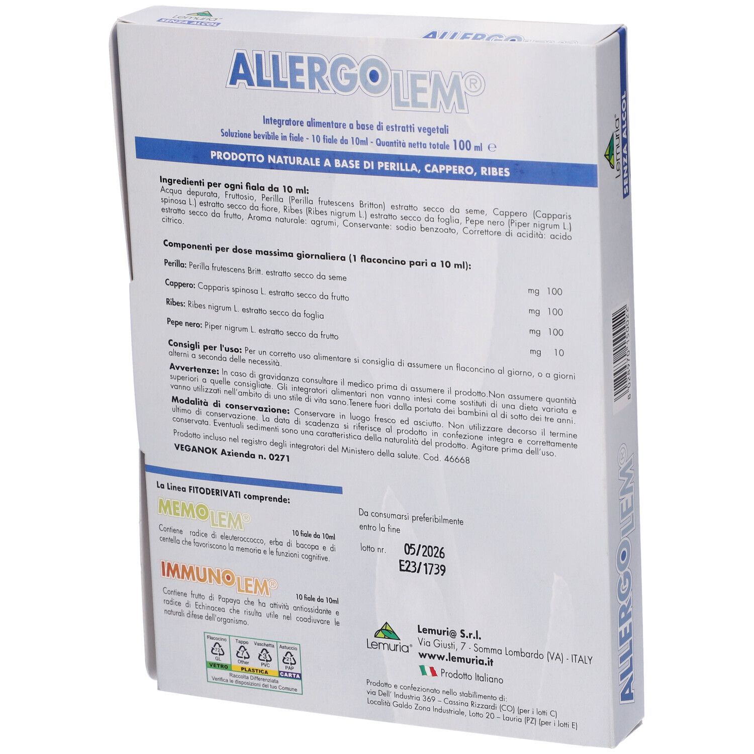 Retro della confezione di Allergolem. Contiene informazioni su ingredienti, dosaggio e avvertenze. Testo in italiano.