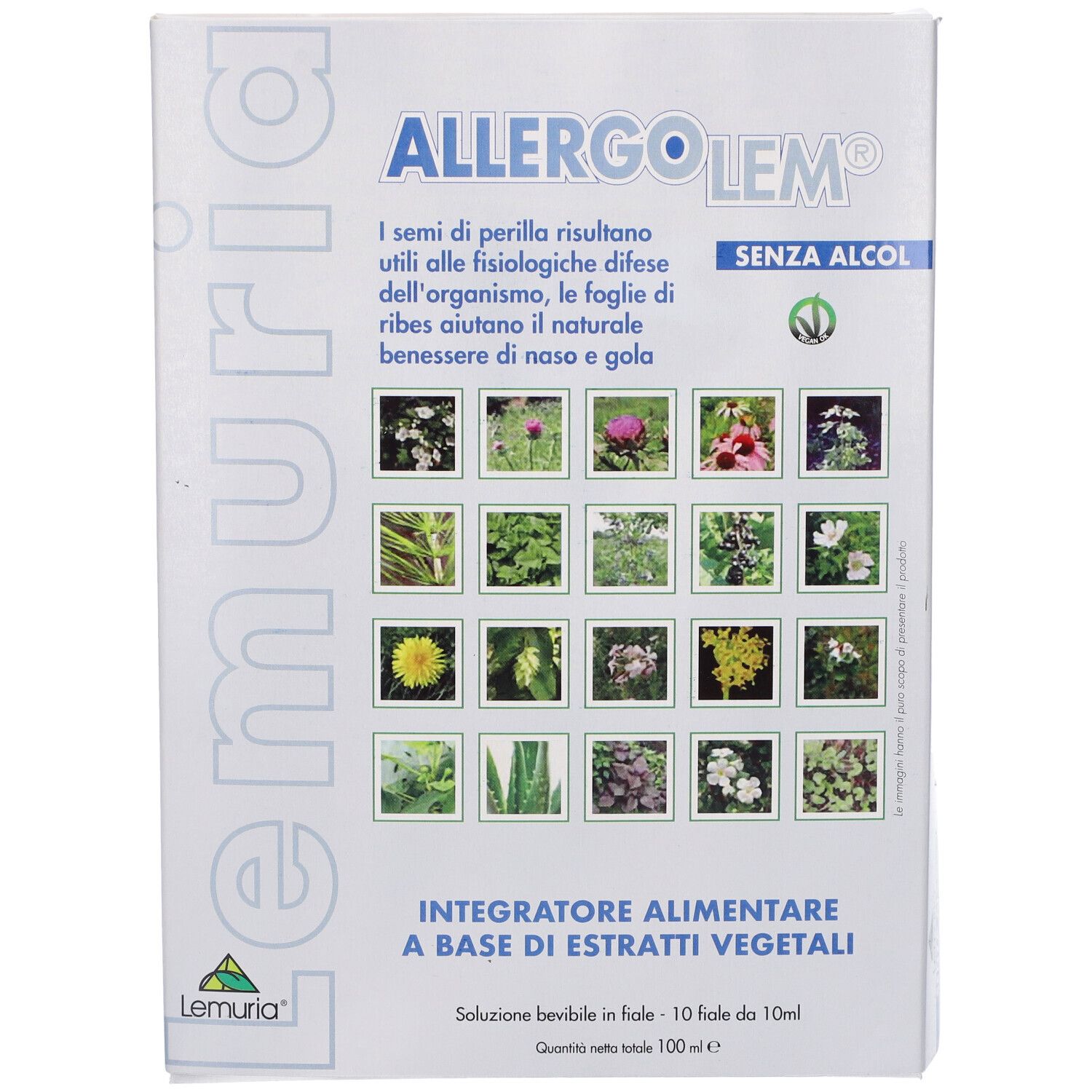 Confezione del prodotto Allergolem. Il nome è in alto, con una griglia di immagini di piante. 'SENZA ALCOL' è visibile.