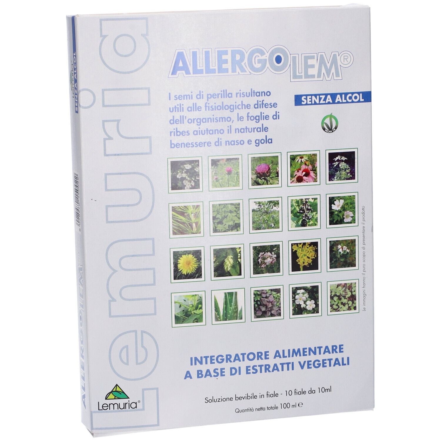 Confezione del prodotto Allergolem. Il nome è in alto, con una griglia di immagini di piante. 'SENZA ALCOL' è visibile.