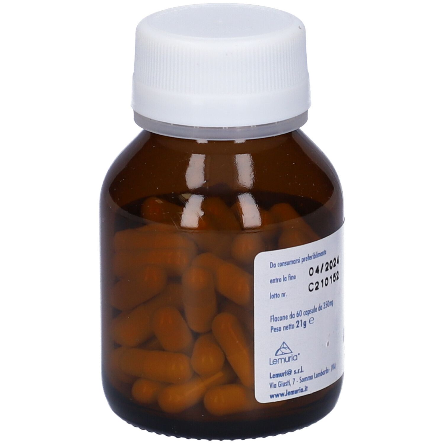Flacone di vetro marrone con tappo bianco. Contiene capsule marroni. Scritta: Flacone di 60 capsule da 350mg. Produttore: Lemuria.