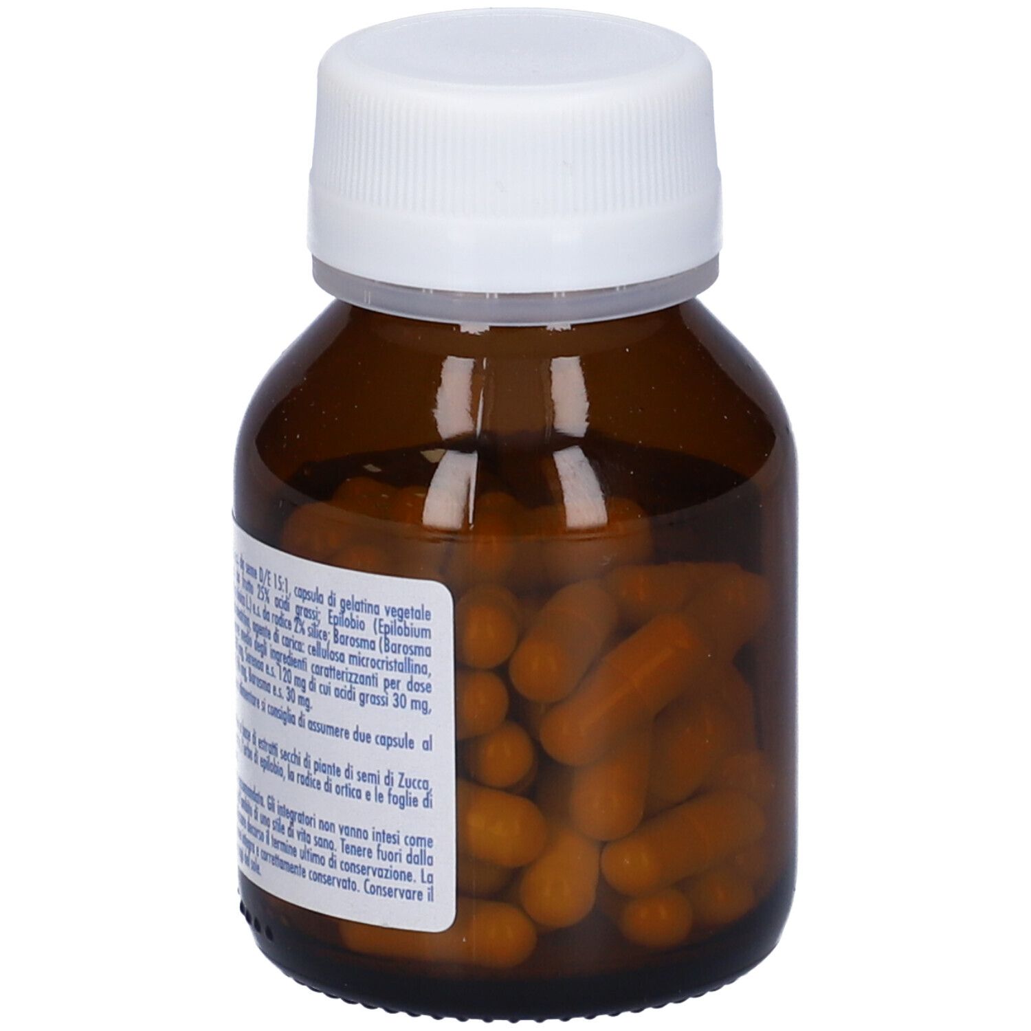 Flacone di vetro marrone con tappo bianco. Contiene capsule marroni. Scritta: Flacone di 60 capsule da 350mg. Produttore: Lemuria.