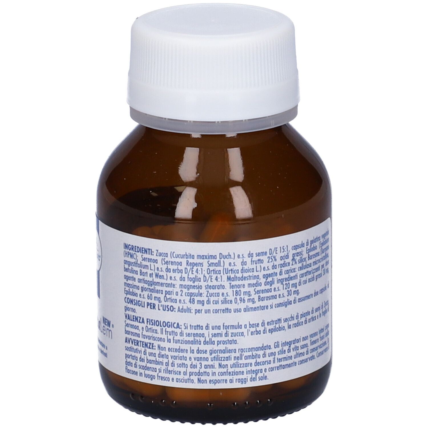 Flacone di vetro marrone con tappo bianco. Contiene capsule marroni. Scritta: Flacone di 60 capsule da 350mg. Produttore: Lemuria.