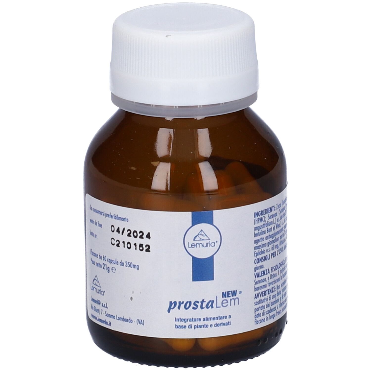 Flacone di vetro marrone con tappo bianco. Contiene capsule marroni. Scritta: Flacone di 60 capsule da 350mg. Produttore: Lemuria.