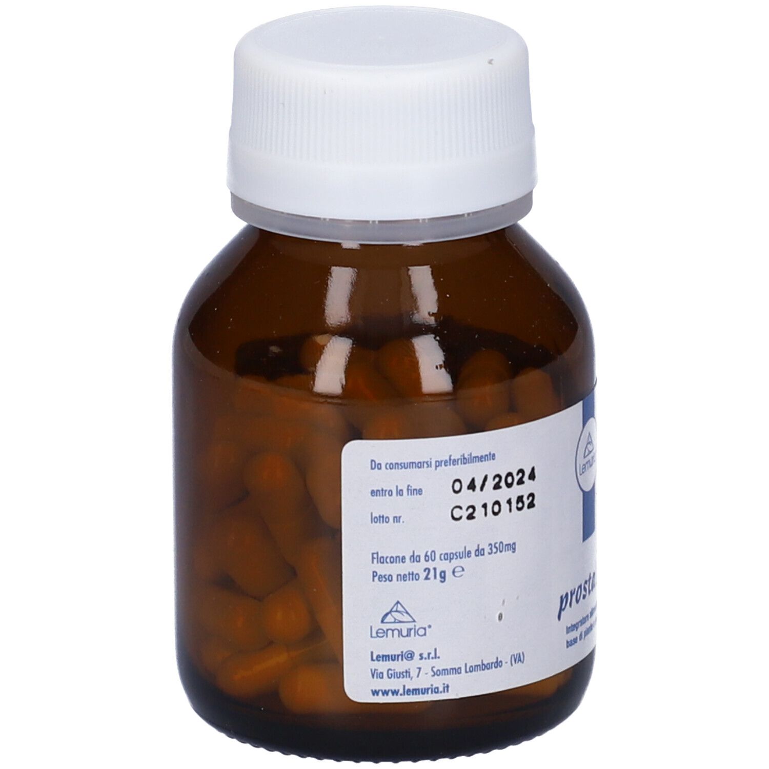 Flacone di vetro marrone con tappo bianco. Contiene capsule marroni. Scritta: Flacone di 60 capsule da 350mg. Produttore: Lemuria.