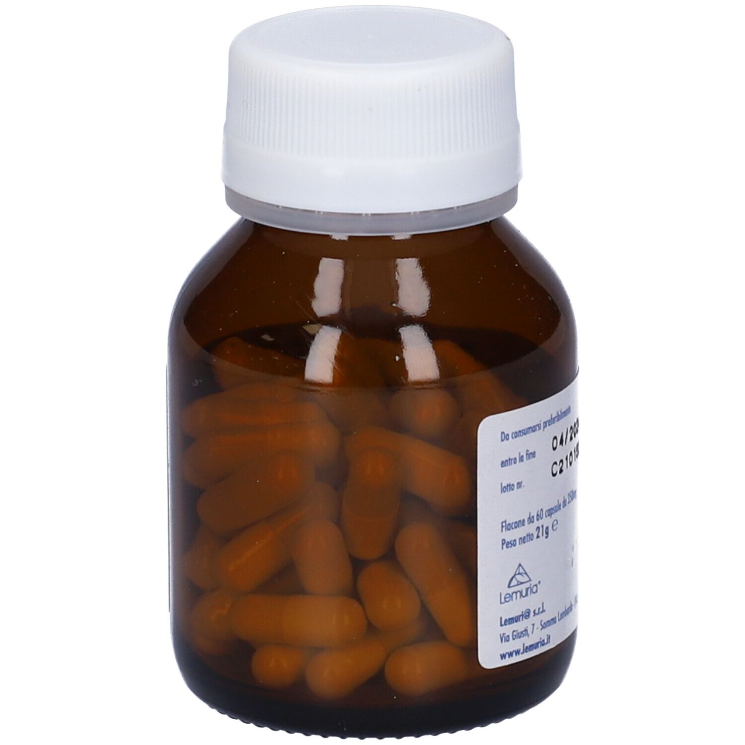 Flacone di vetro marrone con tappo bianco. Contiene capsule marroni. Scritta: Flacone di 60 capsule da 350mg. Produttore: Lemuria.