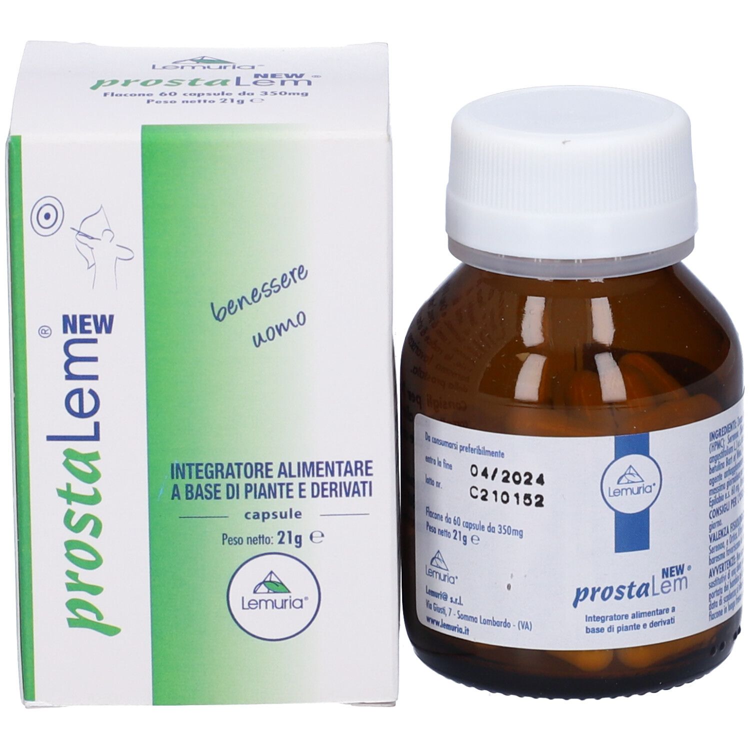 Confezione e flacone di Prostalem. Flacone con capsule marroni. Scritte: Prostalem, Lemuria. Confezione con accenti verdi e testo.