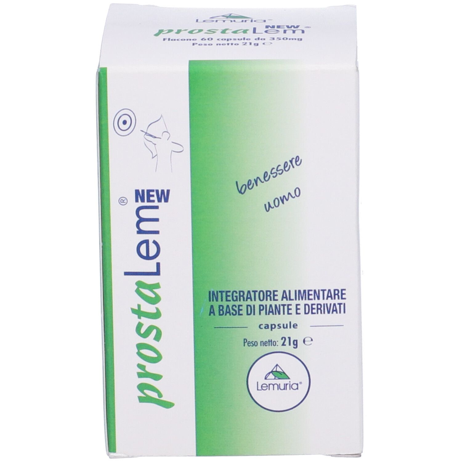Confezione Prostalem. Confezione verde e bianca con nome e logo del prodotto. Testo: Integratore alimentare a base di piante e derivati.