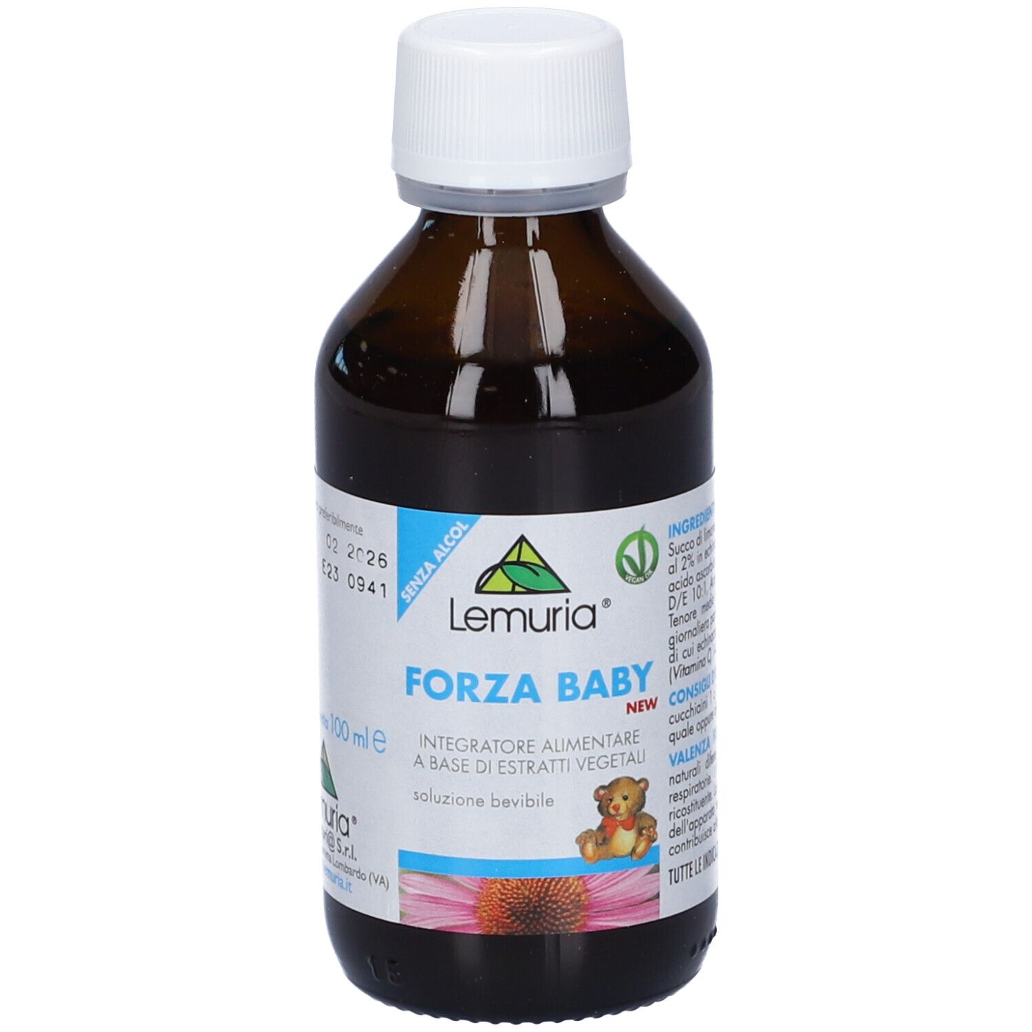 Flacone in vetro marrone con tappo bianco. Forza Baby New, 100 ml. Ingredienti e illustrazione orsetto.