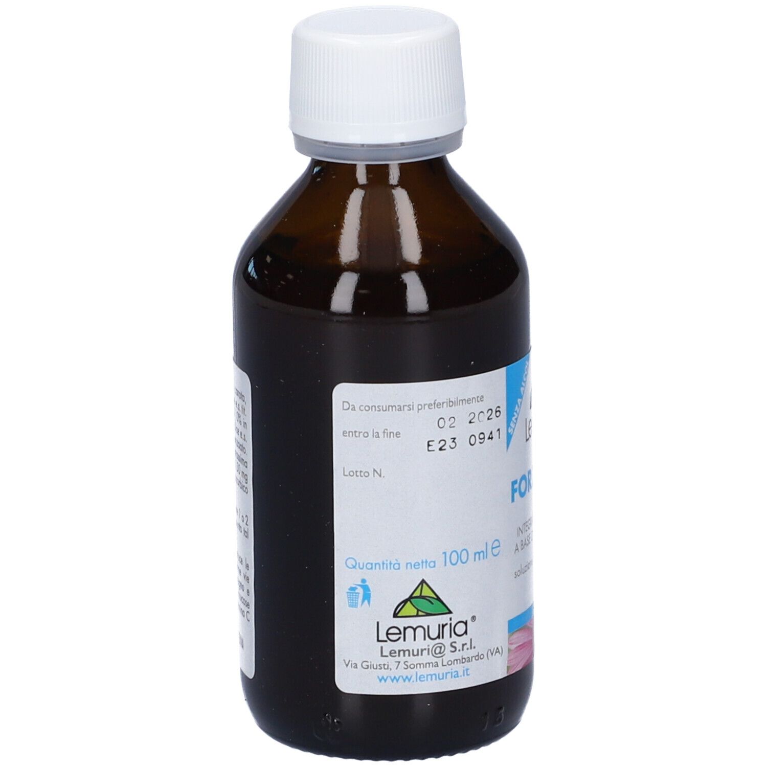 Flacone in vetro marrone con tappo bianco. Forza Baby New, 100 ml. Retro con ingredienti e scadenza.