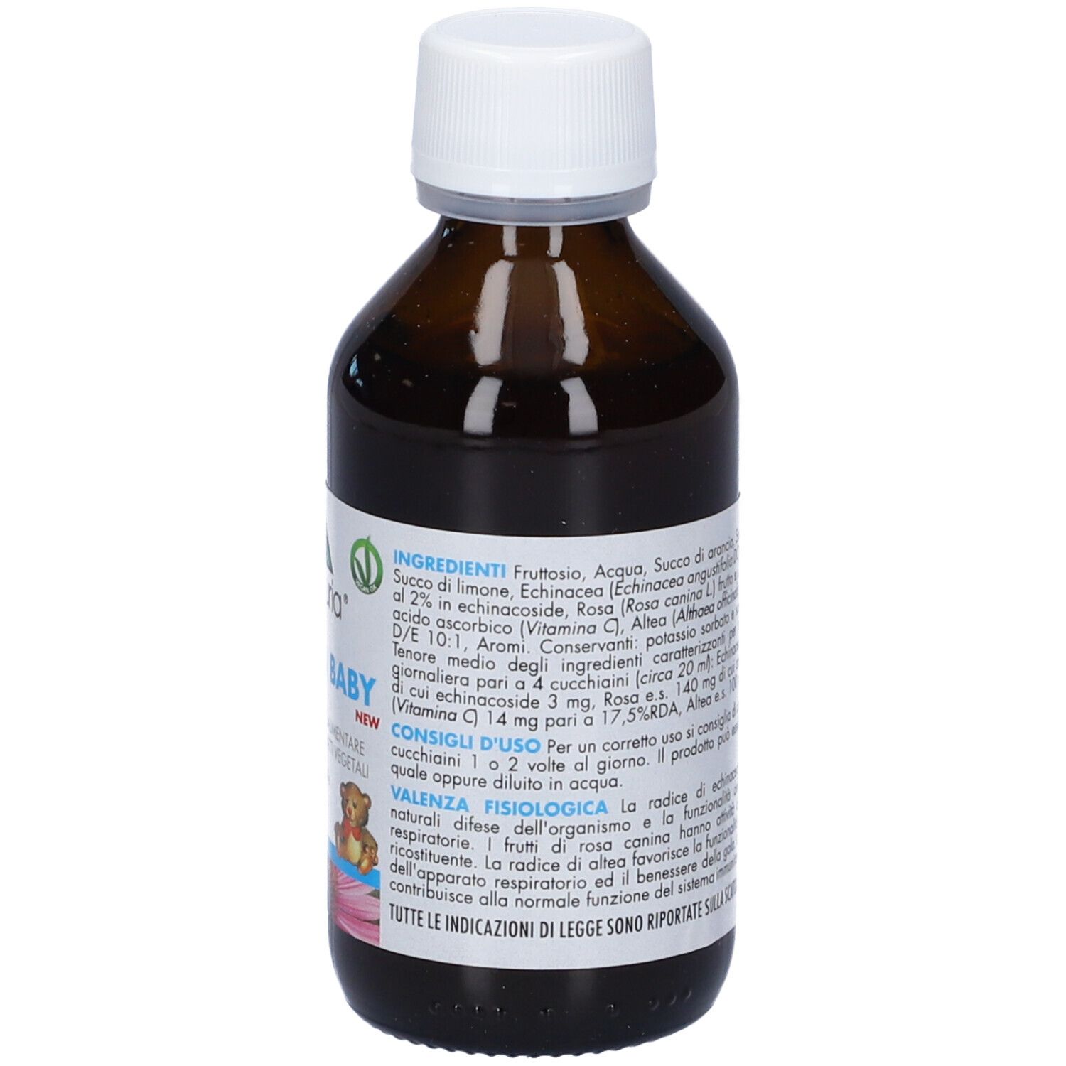 Flacone in vetro marrone con tappo bianco. Forza Baby New, 100 ml. Ingredienti e istruzioni per l'uso.