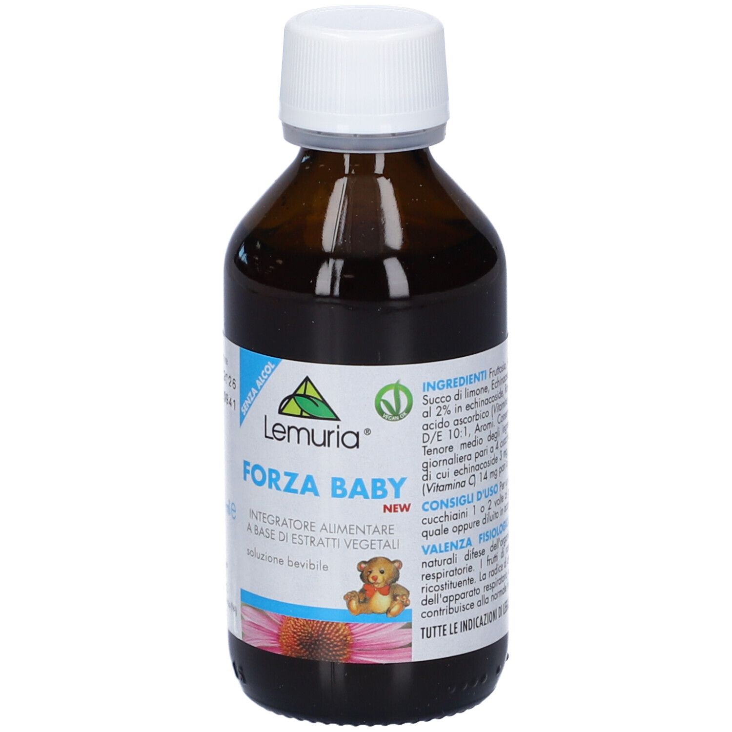 Flacone in vetro marrone con tappo bianco. Forza Baby New, 100 ml. Ingredienti e istruzioni per l'uso.