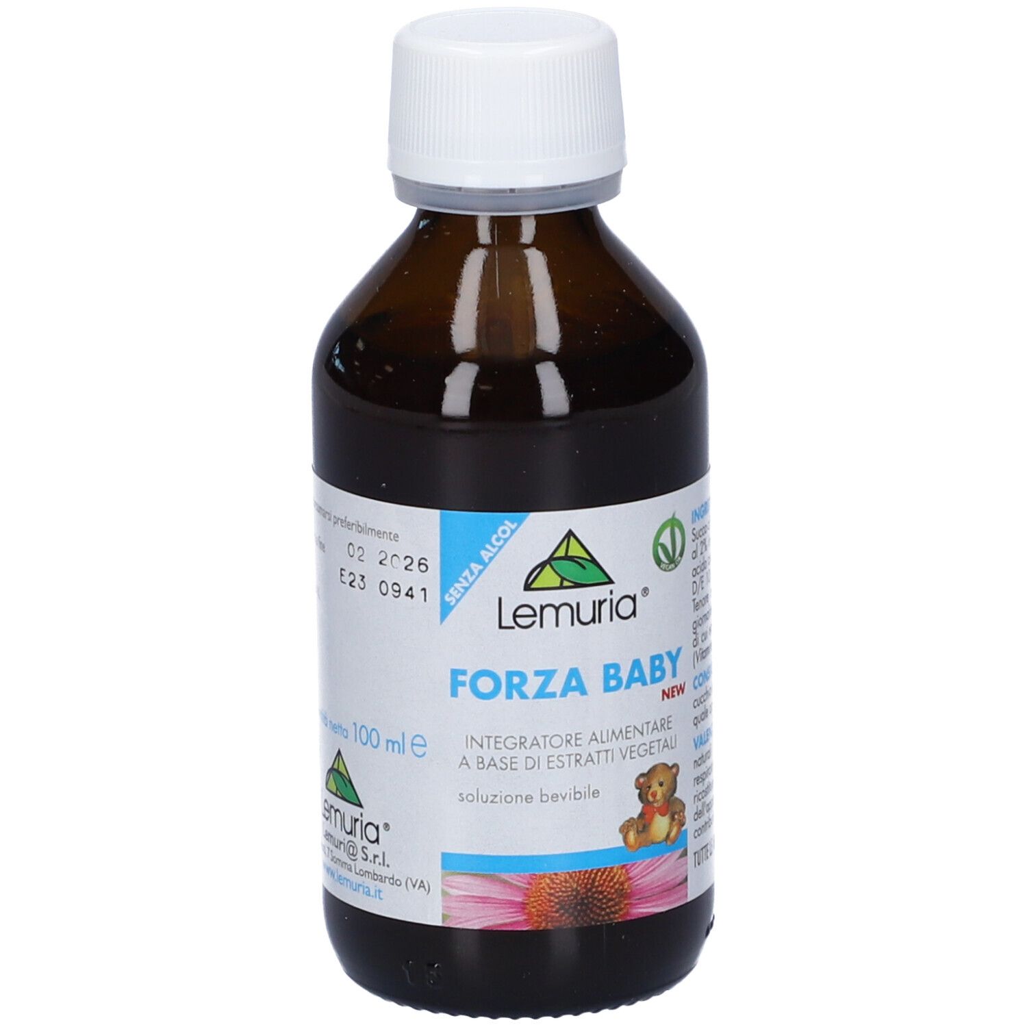 Flacone in vetro marrone con tappo bianco. Forza Baby New, 100 ml. Ingredienti e istruzioni per l'uso.