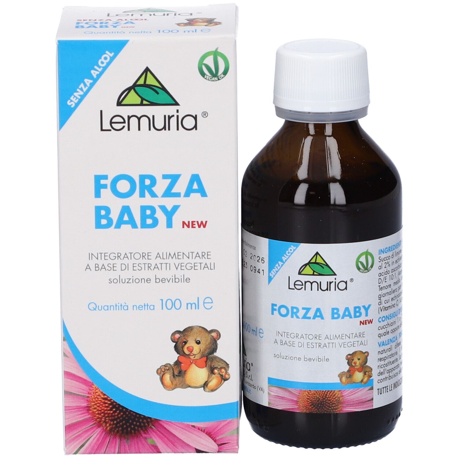 Flacone e confezione Forza Baby New, 100 ml. Flacone marrone, tappo bianco. Confezione con orsetto.