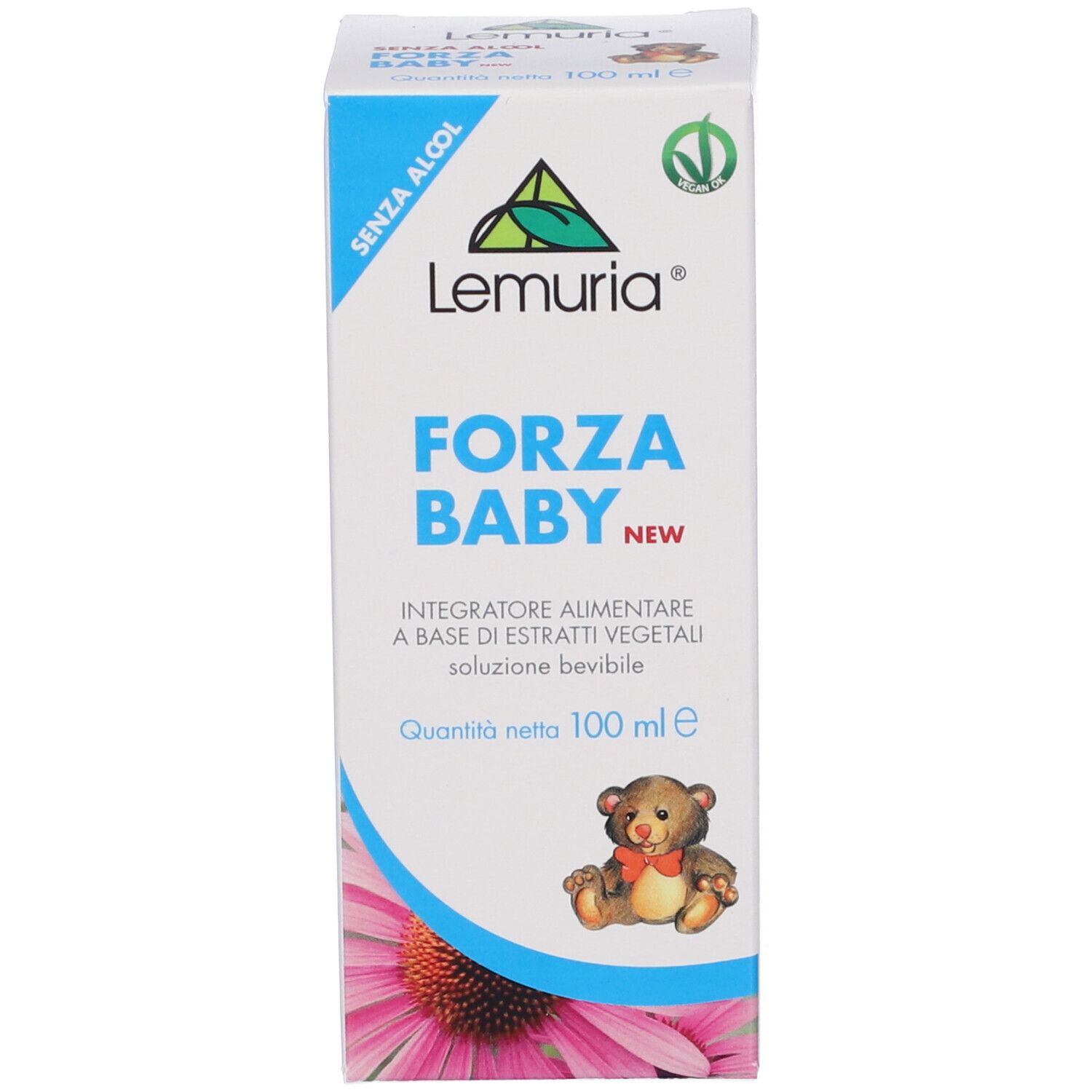 Confezione di Forza Baby New. Contiene 100 ml. Illustrazione orsetto e informazioni sugli ingredienti.
