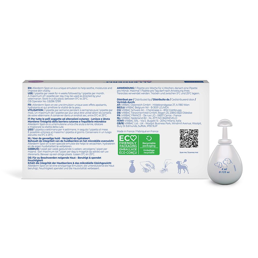 Retro della confezione del prodotto. Testo multilingue. Con codice QR e logo di riciclaggio.