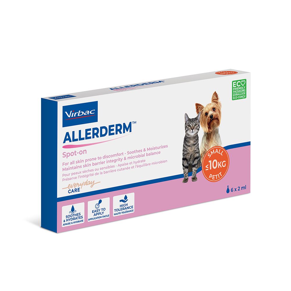 Confezione Allerderm Spot-on. Immagine gatto e cane. Testo: Small ≤10KG. Logo Eco. Per cani e gatti.