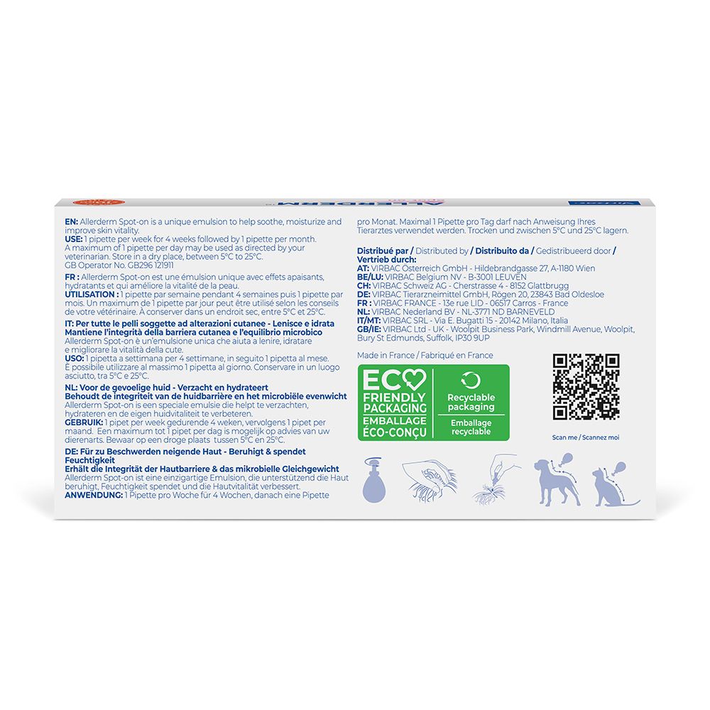 Retro confezione Allerderm Spot-on. Testo multilingue. Logo Eco. Codice QR e icone. Informazioni prodotto.