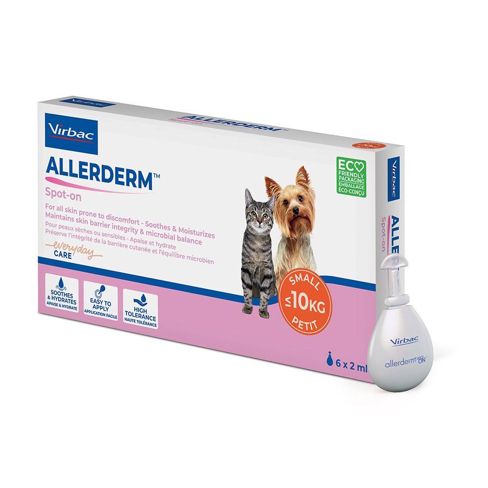 Confezione Allerderm Spot-on con pipetta. Immagine gatto e cane. Testo: Small ≤10KG. Logo Eco.