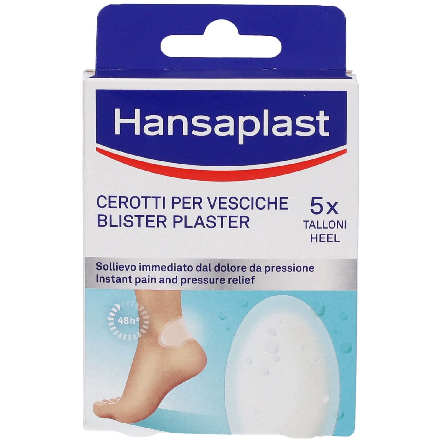 Fronte della scatola di cerotti Hansaplast. Testo: Cerotti per Vesciche, 5 pezzi. Immagine di un piede con cerotto.