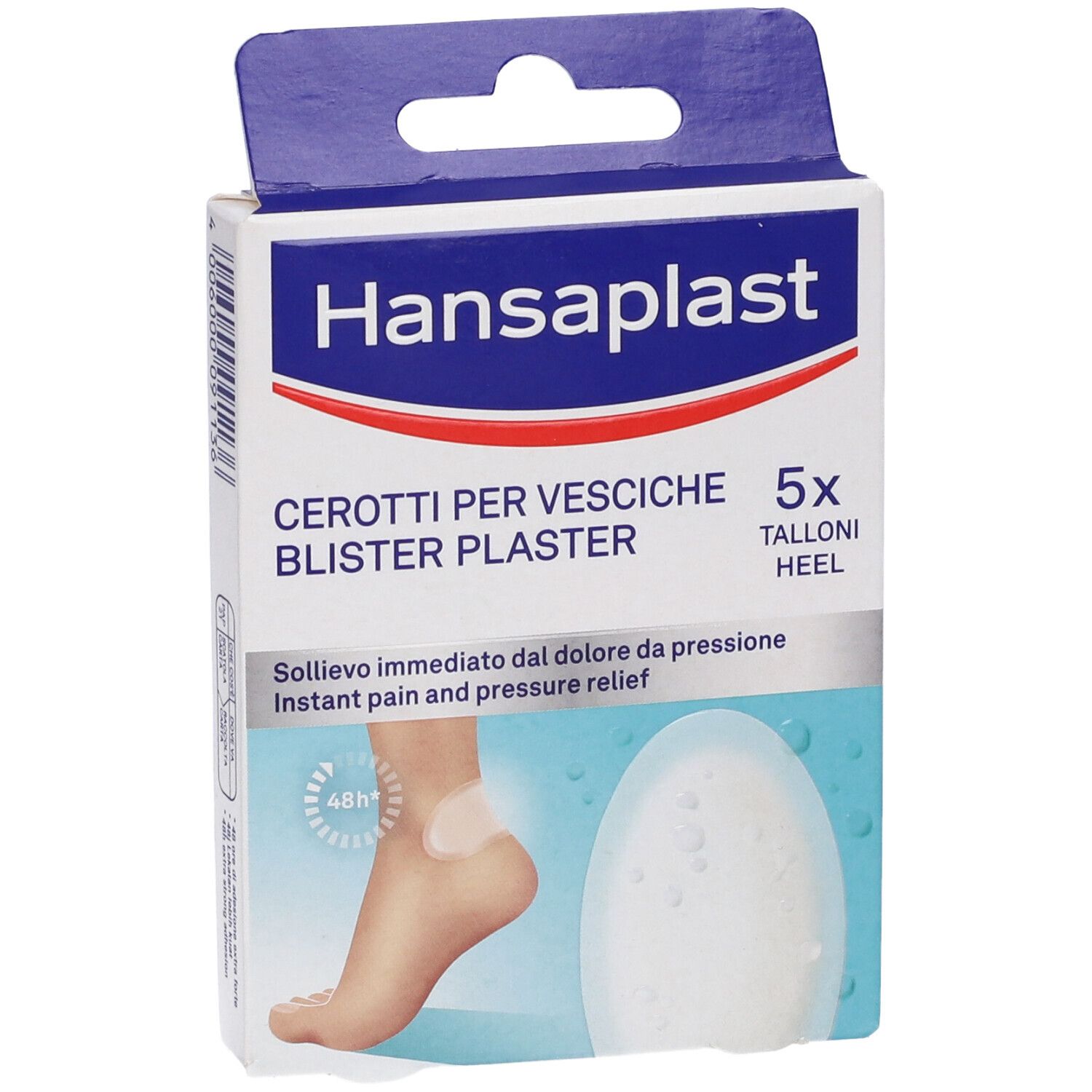 Fronte della scatola di cerotti Hansaplast. Testo: Cerotti per Vesciche, 5 pezzi. Immagine di un piede con cerotto.