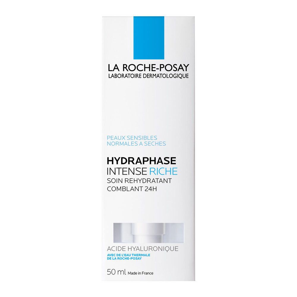 Confezione bianca con logo blu. Scritta: La Roche-Posay, HYDRAPHASE INTENSE RICHE, per pelli sensibili, da normali a secche.