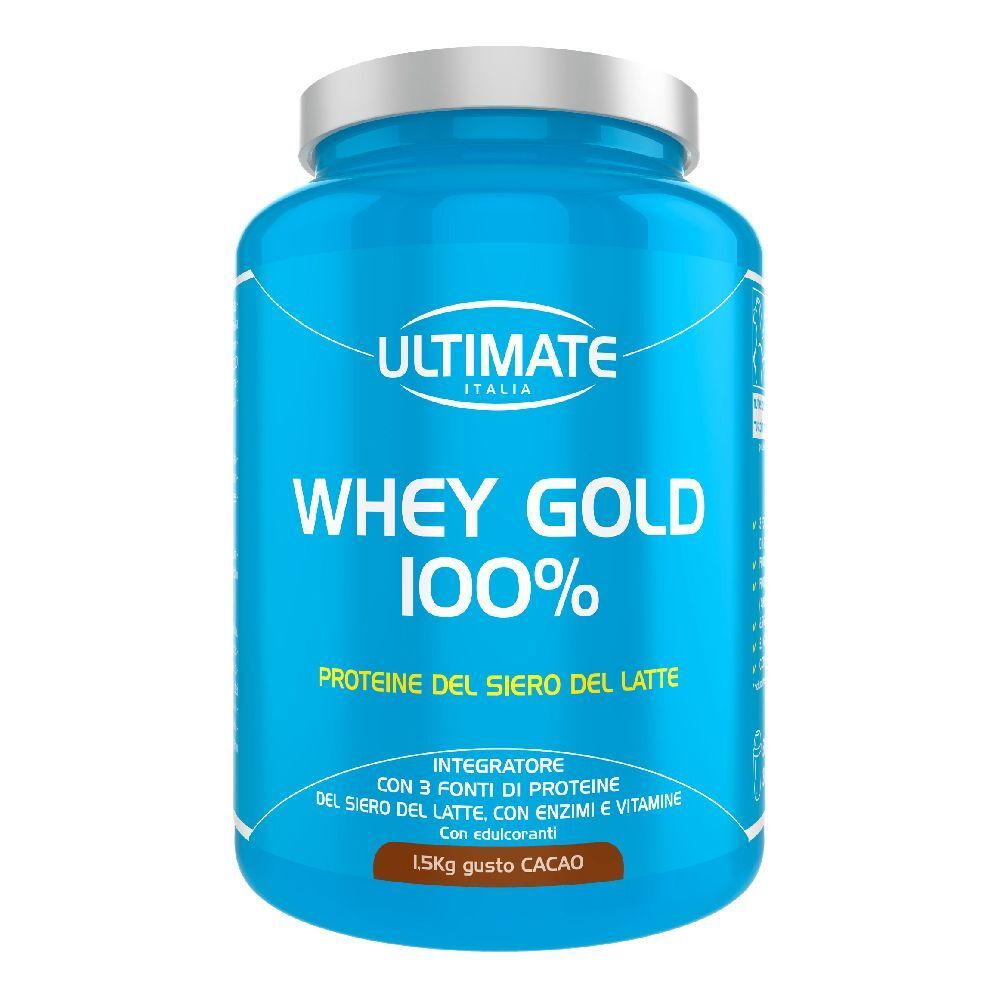 Barattolo blu con coperchio bianco. Scritta: Ultimate, Whey Gold 100%, Proteine del siero del latte. 1,5kg gusto cacao.
