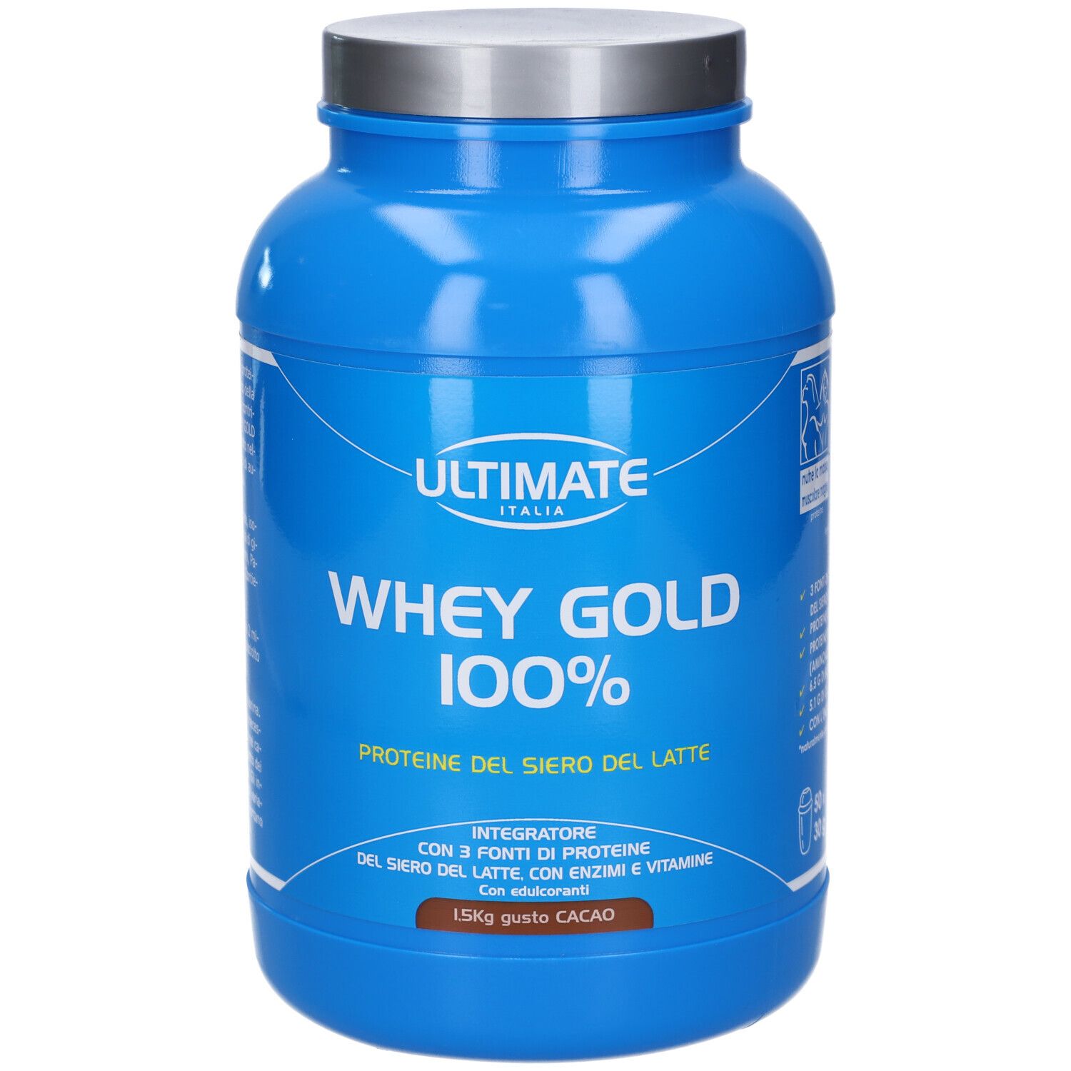 Barattolo blu con coperchio bianco. Scritta: Ultimate, Whey Gold 100%, Proteine del siero del latte. 1,5kg gusto cacao.