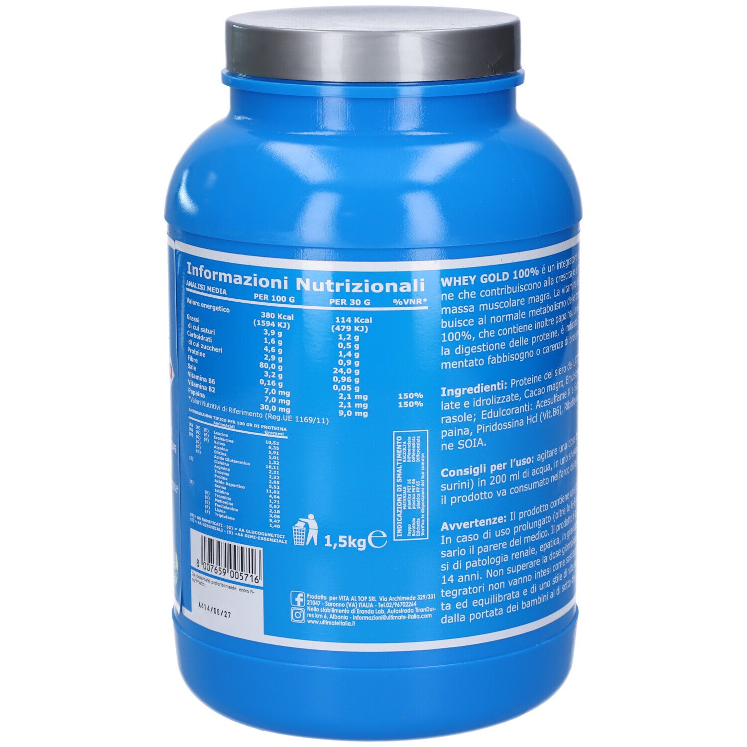 Barattolo blu con coperchio bianco. Scritta: Ultimate, Whey Gold 100%, Proteine del siero del latte. Informazioni nutrizionali sul retro.