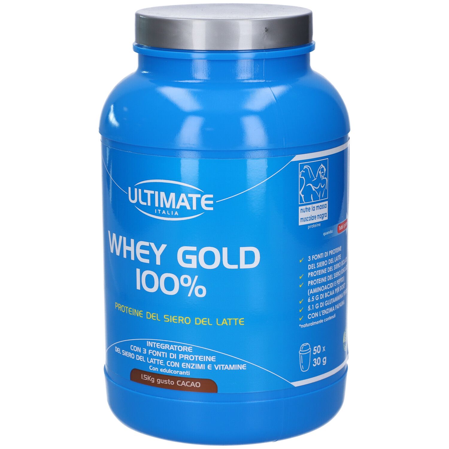 Barattolo blu con coperchio bianco. Scritta: Ultimate, Whey Gold 100%, Proteine del siero del latte. 1,5kg gusto cacao. Logo.