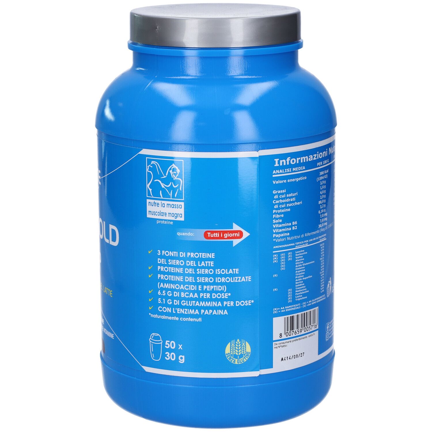 Barattolo blu con coperchio bianco. Scritta: Ultimate, Whey Gold 100%, Proteine del siero del latte. Informazioni nutrizionali e logo.